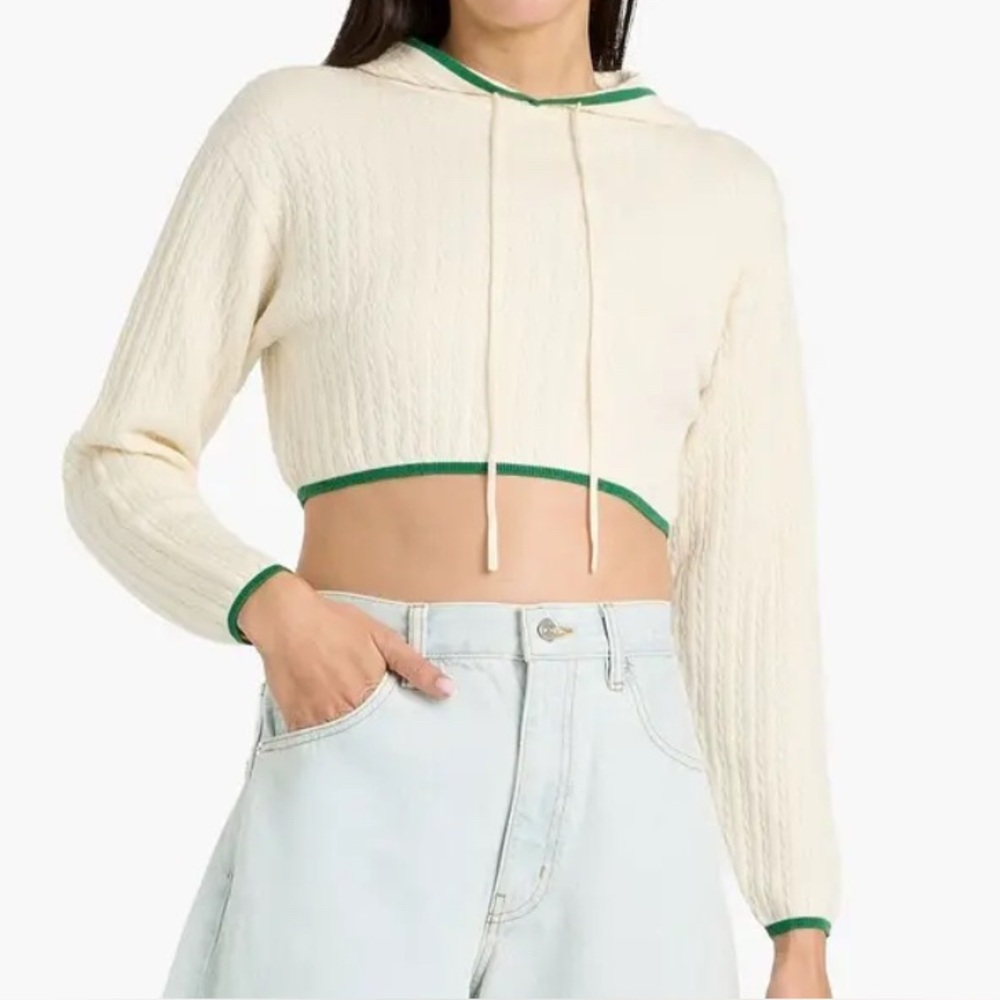 FRAME Cropped cable-knit cashmere and silk-blend hoodie XS - Picture 2 of 5